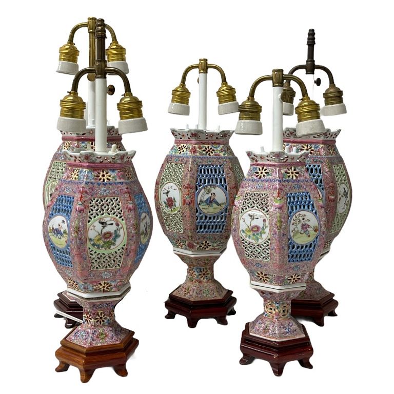 Appraisal: Chinese Porcelain Lamps Polychrome porcelain lamps with Chinese decorations wood