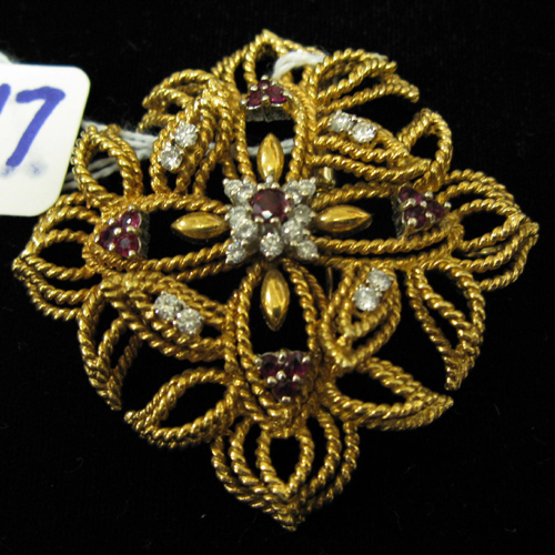 Appraisal: A LARGE RUBY DIAMOND AND EIGHTEEN KARAT GOLD PENDANT BROOCH