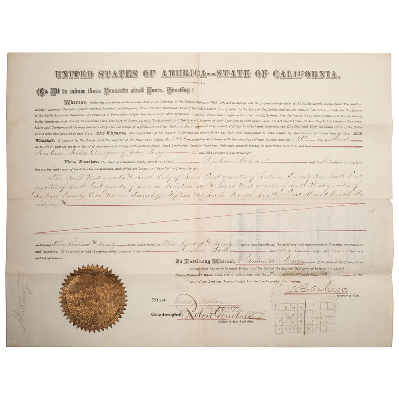 Appraisal: WESTERN AMERICANA - CALIFORNIA PACHECO Romualdo - Partially printed document