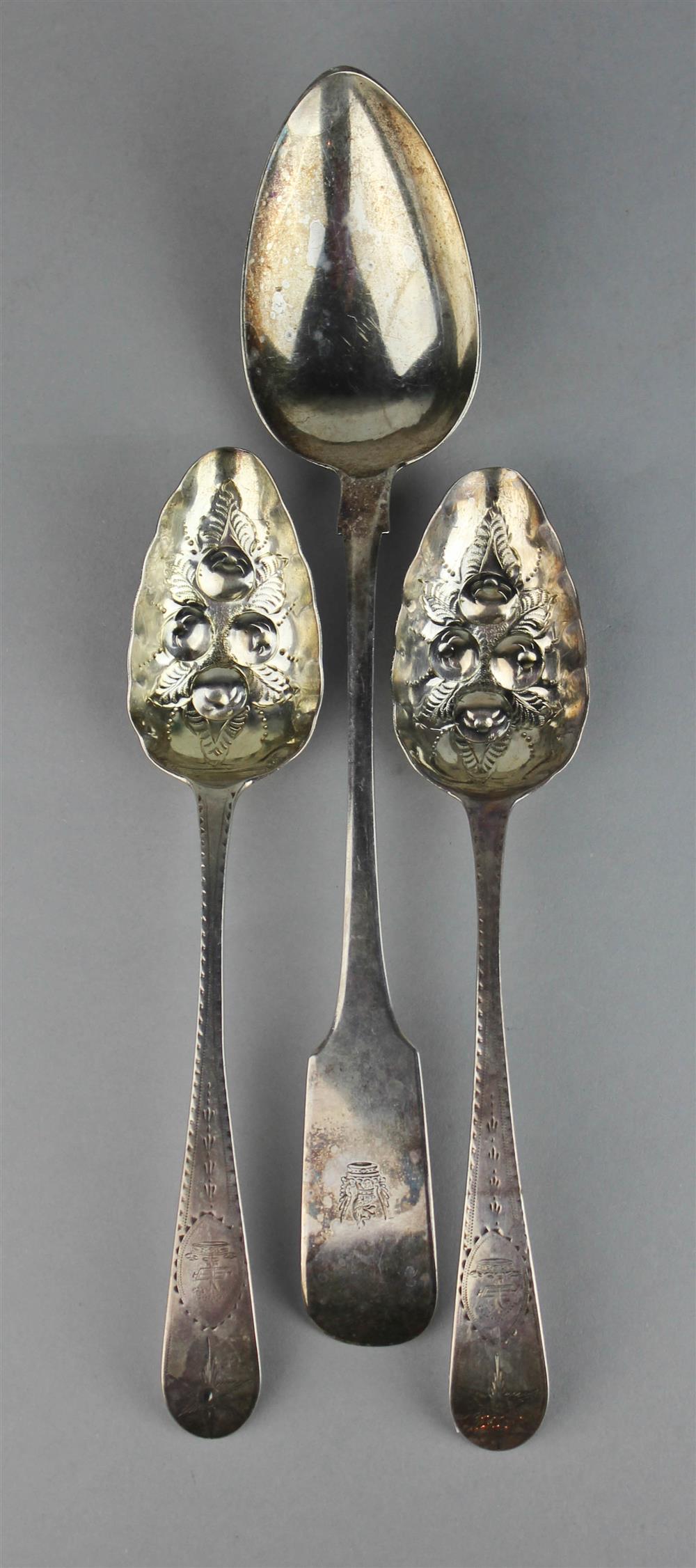 Appraisal: TWO GEORGIAN IRISH SILVER SPOONS AND ANOTHER SPOON including two