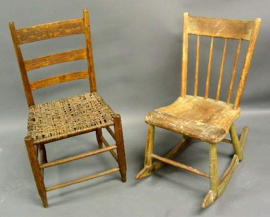 Appraisal: Two chairs - plank bottom spindle-back rocker h x w