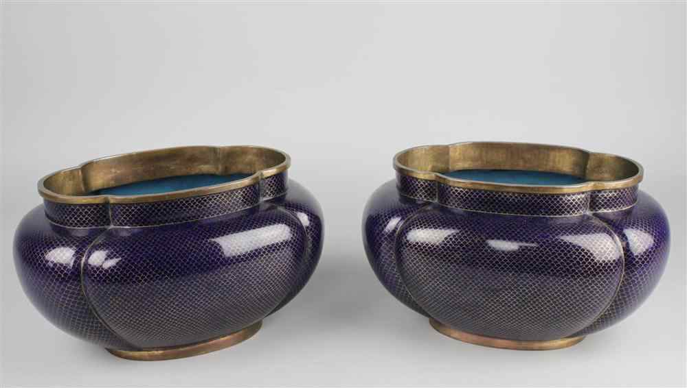 Appraisal: PAIR OF CHINESE CLOISONNE ENAMEL QUATRI-LOBED ''FISH SCALE'' JARDINIERES impeccably