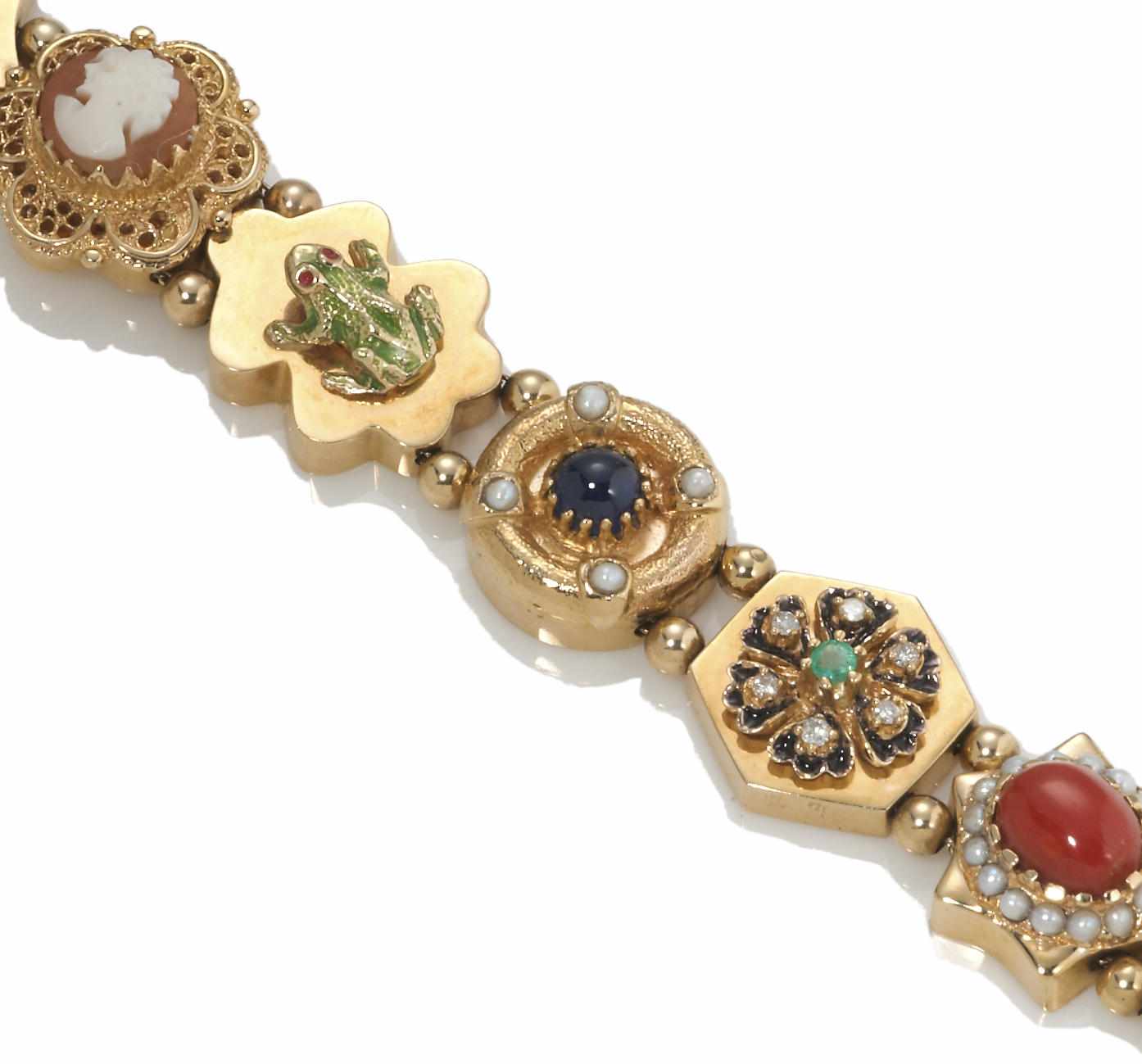 Appraisal: A diamond enamel hardstone and gem-set slide bracelet suspending nine