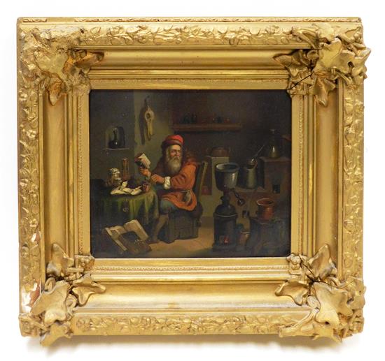 Appraisal: Early Continental School oil on white metal panel depicting alchemist