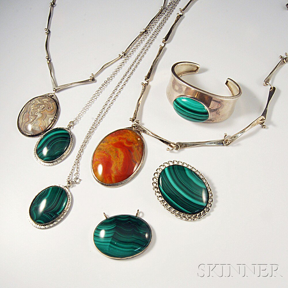 Appraisal: Seven Pieces of Mostly Sterling Sterling-mounted Hardstone Jewelry five malachite-set