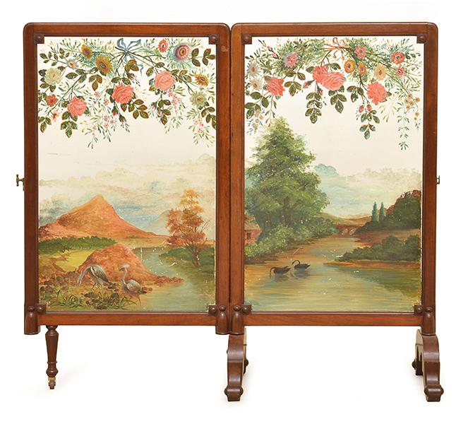 Appraisal: AN AUSTRALIAN HARDWOOD FRAMED TWO PANEL PAINTED GLASS SCREEN painted