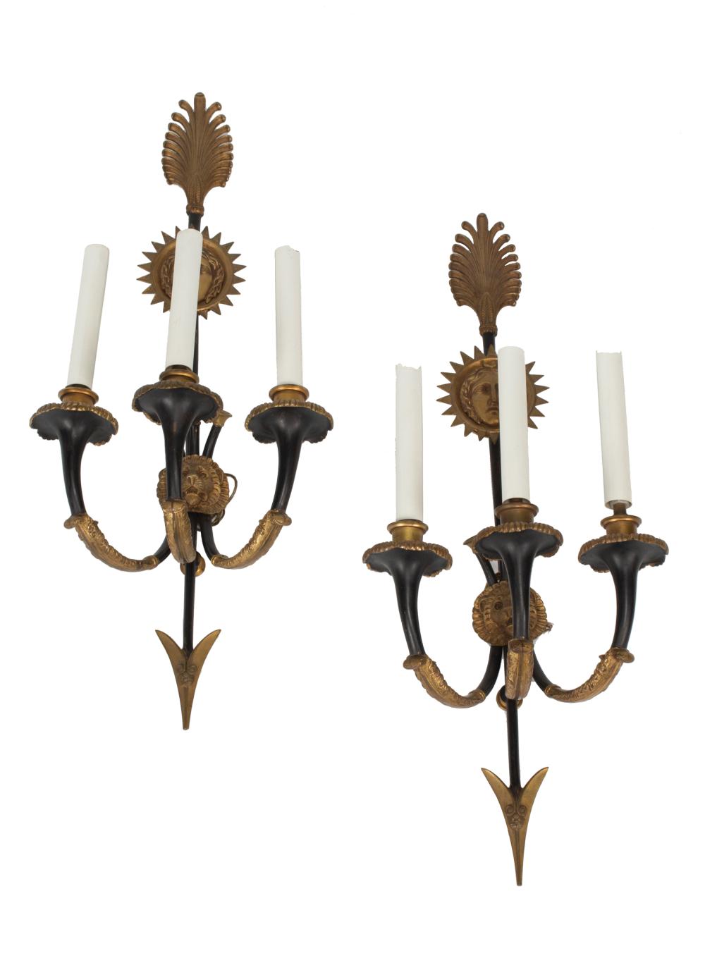 Appraisal: Pair of Directoire-Style Gilt and Patinated Bronze Three-Light Sconces th