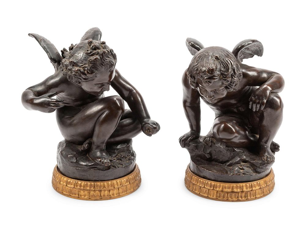 Appraisal: A Pair of Bronzed Terra Cotta Figures on Giltwood Bases