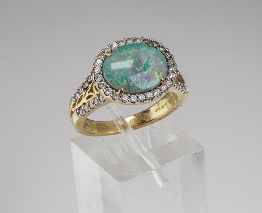 Appraisal: TREMONTI -KARAT YELLOW-GOLD BLACK OPAL AND DIAMOND RINGTremonti -Karat Yellow-Gold