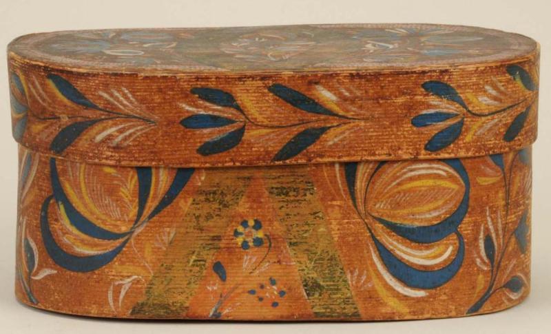 Appraisal: Polychrome Decorated Oval Bride's Box Description Retains blue yellow and