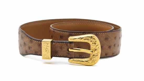 Appraisal: An Hermes Brown Ostrich Belt goldtone buckle engraved in a