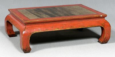 Appraisal: Chinese red lacquered low table inset stone top four bracket