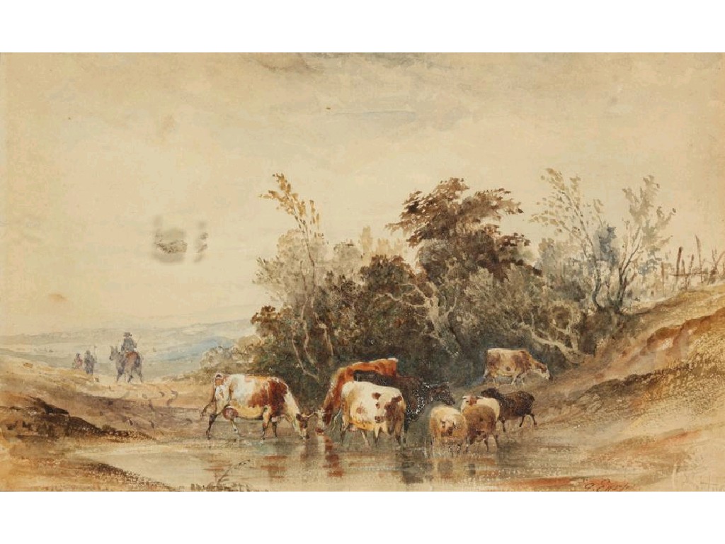 Appraisal: MANNER OF G EARP Cows at a watering hole signed