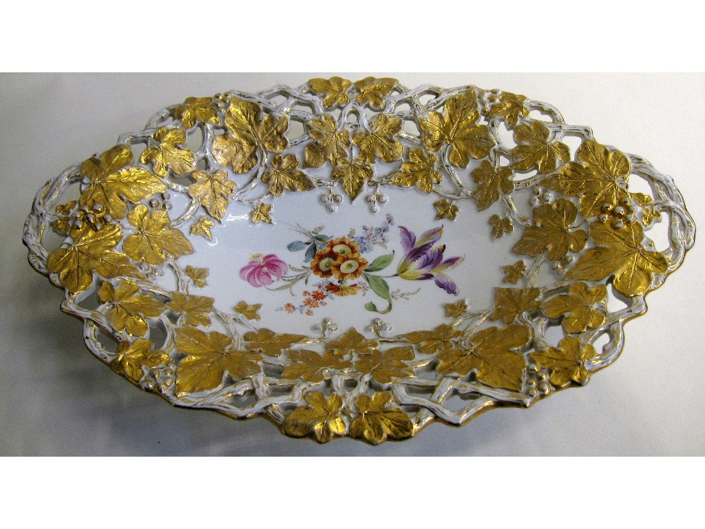 Appraisal: Meissen oval dish moulded with gilt vine leaved and painted