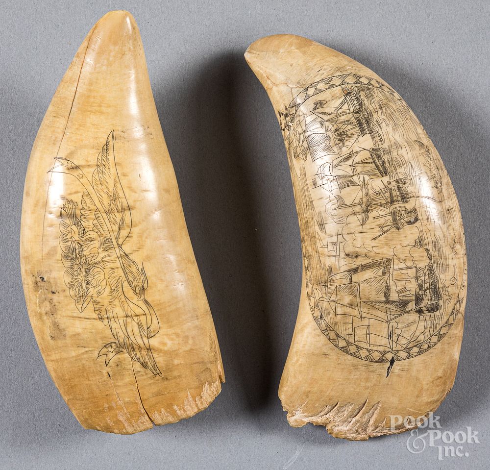 Appraisal: Two scrimshaw whale teeth th c Two scrimshaw whale teeth