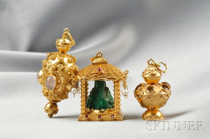 Appraisal: Three kt Gold Charms a lantern with rose-quartz cabochons and