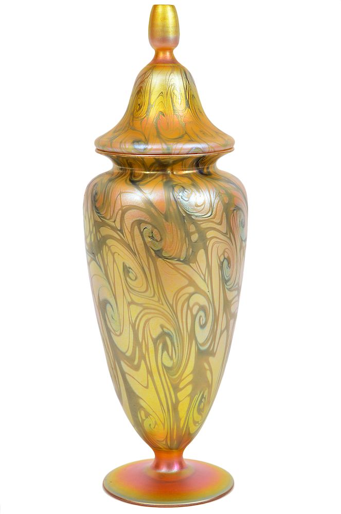 Appraisal: Quezal Iridescent King Tut Art Glass Lidded Vase Quezal lidded