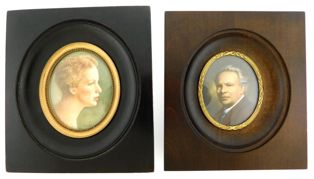 Appraisal: MINIATURE Young woman and older man oval supports woman in