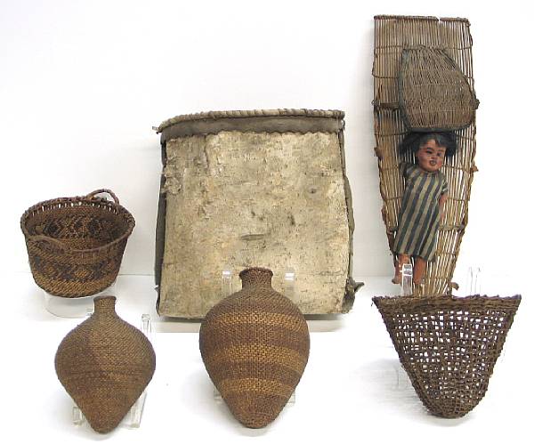 Appraisal: Six Native American basketry items Including an Athabascan birchbark container