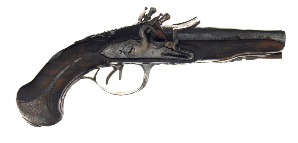 Appraisal: A DOUBLE-BARRELLED FLINTLOCK PISTOL with cm engraved barrels the steel