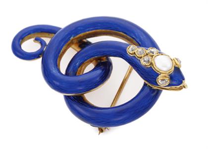 Appraisal: karat yellow gold and blue enamel serpent pin s With