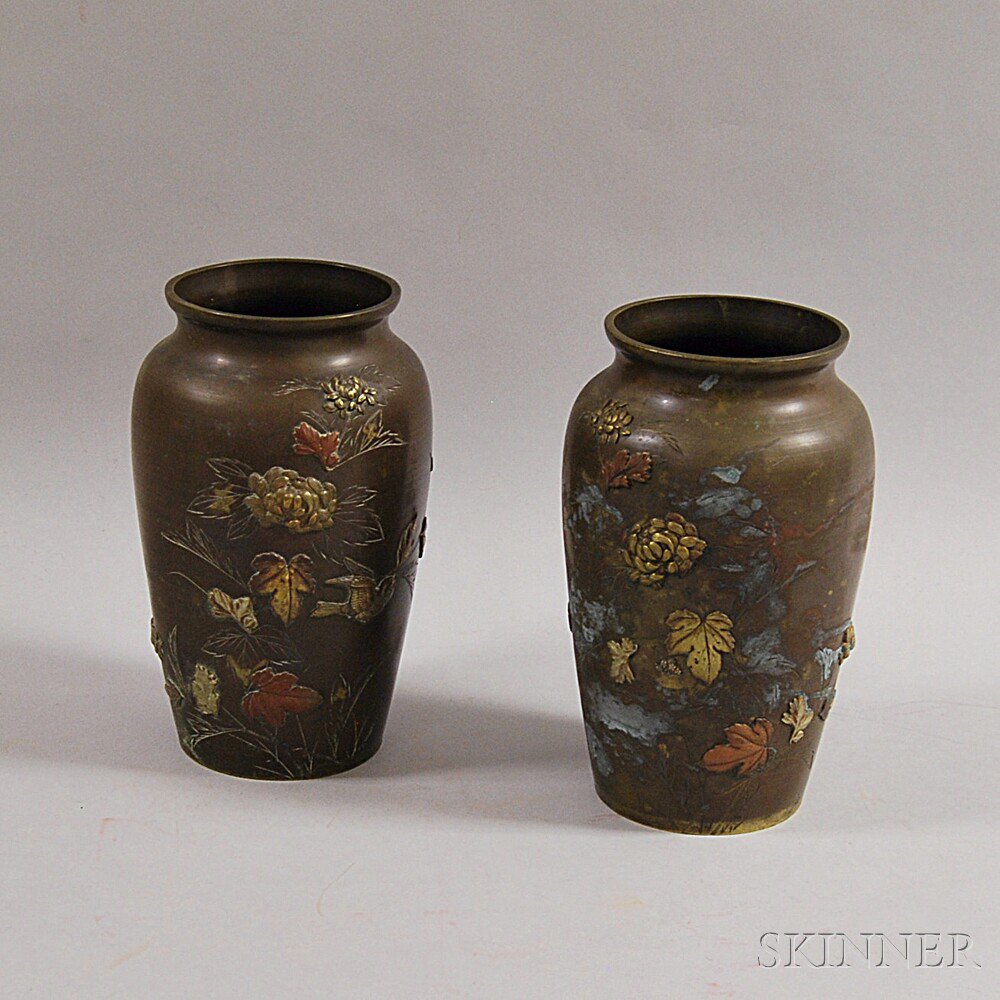 Appraisal: Pair of Meiji Period Mixed-metal Vases Japan late th early