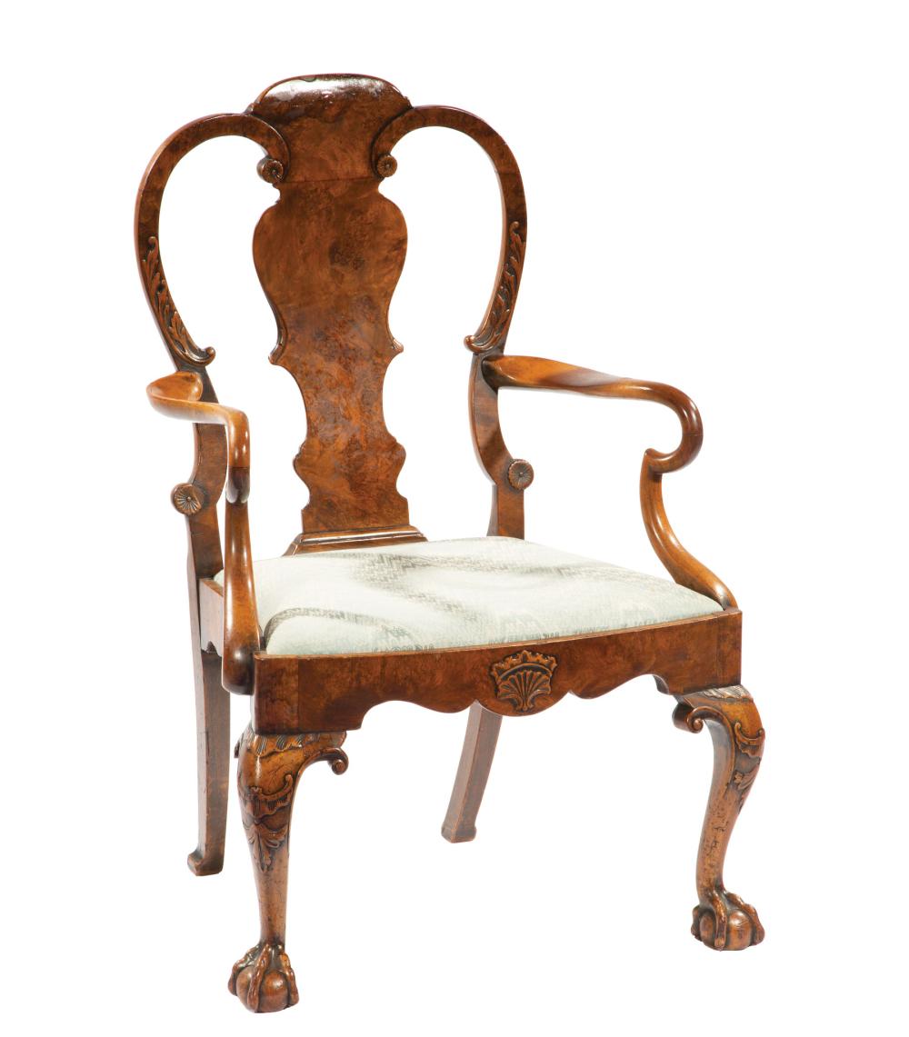 Appraisal: Antique Chippendale-Style Carved Walnut Armchair shaped crest rail vasiform splat