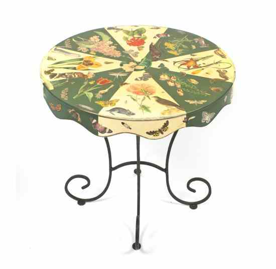 Appraisal: A McKenzie Childs Decoupage Tin and Wrought-Iron Circular Table the