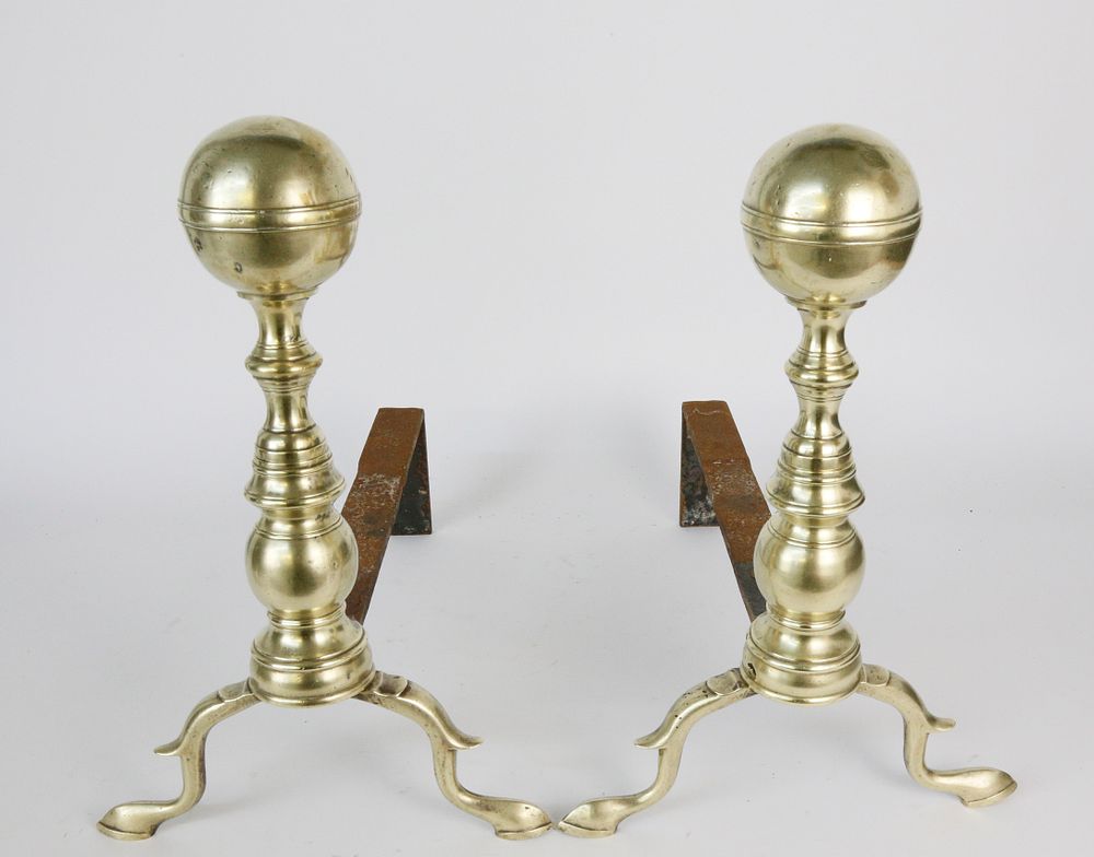 Appraisal: Pair of Brass Boston Ball Top Andirons early th Century