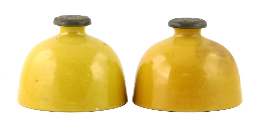 Appraisal: ASIAN Pair of Chinese porcelain yellow glazed beehive form water