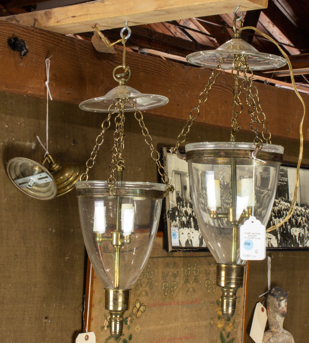 Appraisal: PAIR OF BRASS AND GLASS THREE-LIGHT BELL JAR LANTERNS Pair