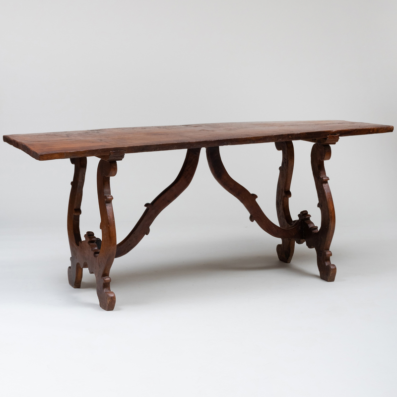 Appraisal: BAROQUE STYLE WALNUT TRESTLE TABLE POSSIBLY SPANISH x ft x