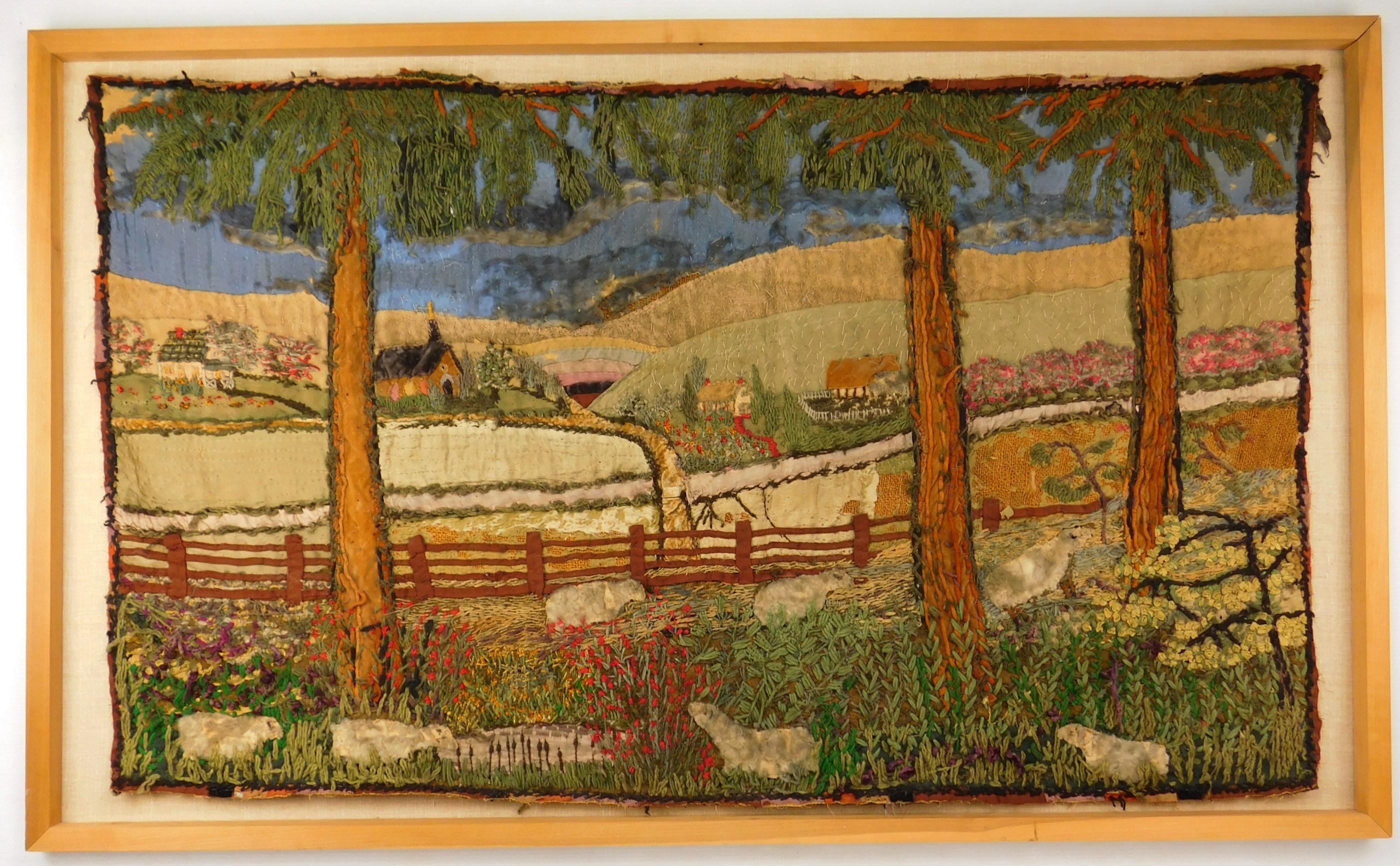 Appraisal: th c Pennsylvania textile ca Landscape with Farm and Sheep