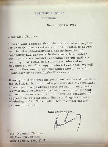 Appraisal: KENNEDY JOHN FITZGERALD KENNEDY ON NUCLEAR TESTING IN THE ATMOSPHERE