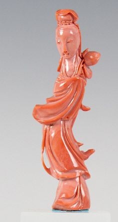 Appraisal: Chinese Carved Angel Skin Coral Guan Yin Statue Vintage Chinese