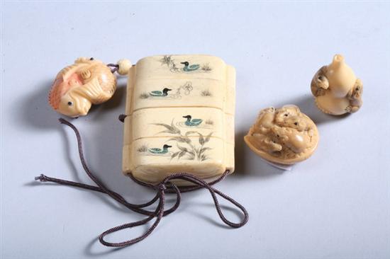 Appraisal: JAPANESE BONE INRO Together with two netsuke carved to depict