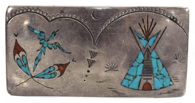 Appraisal: Native American silver content unknown belt buckle signed TC turquoise