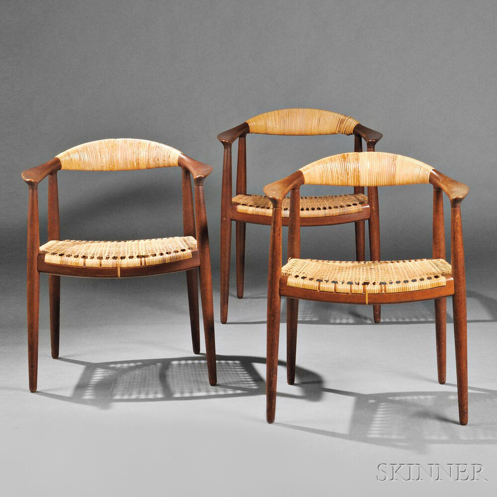 Appraisal: Three Hans Wegner - Round Armchairs Teak natural fiber Johannes