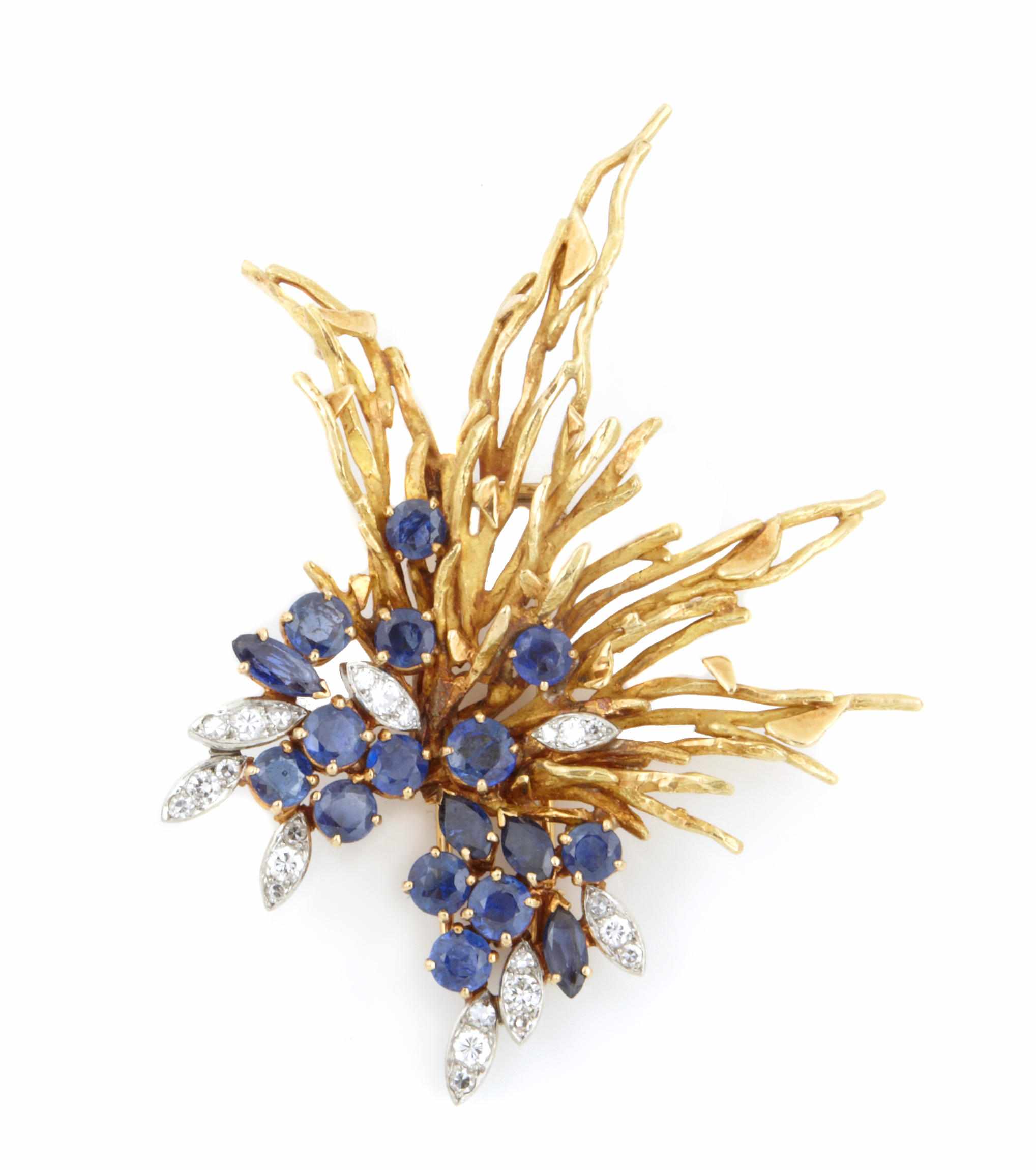 Appraisal: A sapphire diamond and gold spray brooch Italy g gross