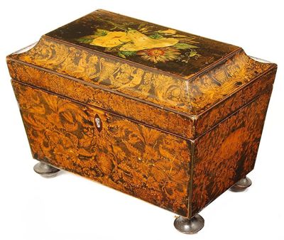 Appraisal: A late Regency penwork tea caddy of sarcophagus form with