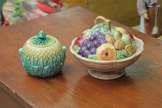 Appraisal: TWO MAJOLICA COVERED DISHES A Sarreguemines ''basket'' compote with fruit