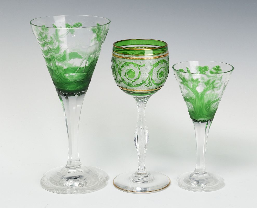 Appraisal: THREE UNUSUAL CONTINENTAL ART GLASS WINE GOBLETS Two similar techniques