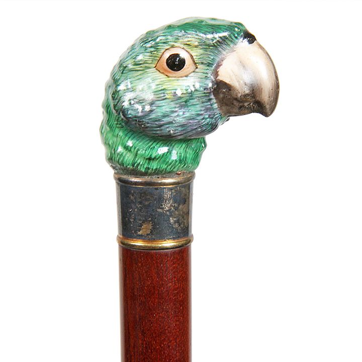 Appraisal: Enamel Parrot Cane Ca - An enameled parrot head retaining