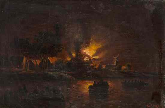 Appraisal: E Vogt th century Fire on the Lake oil on