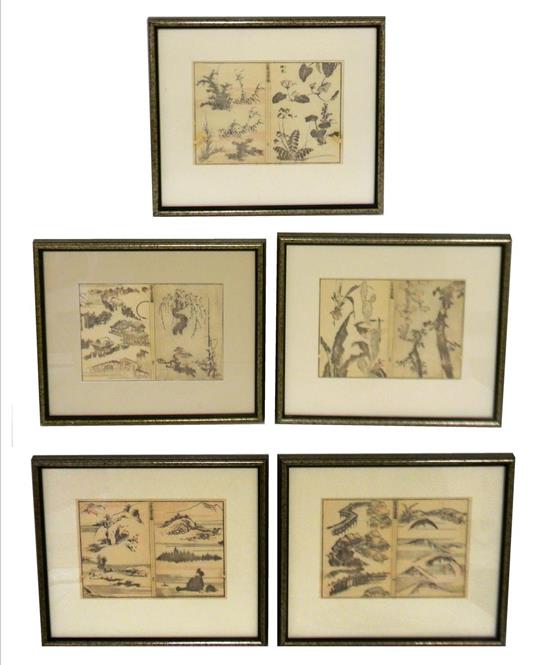 Appraisal: ASIAN ten illustrated book pages ehon mounted in five frames