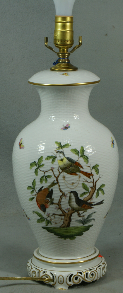 Appraisal: Herend Rothschild bird and butterfly decorated table lamp basket weave