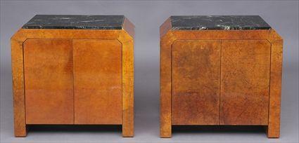 Appraisal: KARL SPRINGER ATTRIBUTED PAIR OF VELLUM-COVERED MARBLE-TOP BEDSIDE CABINETS x