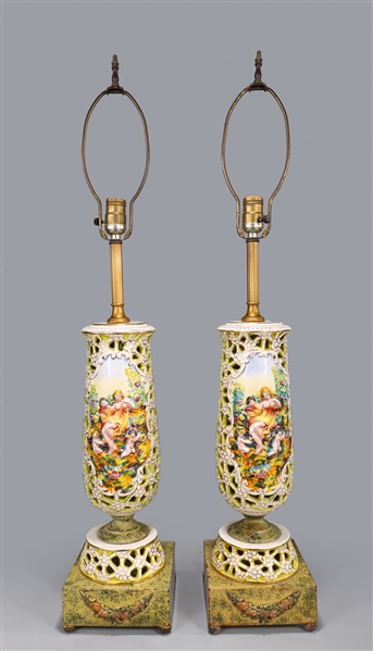 Appraisal: Pair Capodimonte hand painted openwork porcelain table lamps metal finish