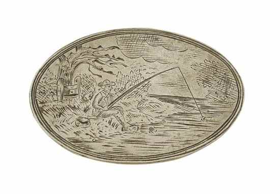 Appraisal: An engraved oval brass medal man fishing by a river