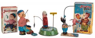 Appraisal: Trio of Fishing-Themed Tin Litho Wind-Up Toys Including Mechanical Fishing